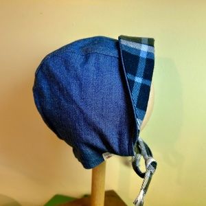 Handmade Blue DENIM BONNET with  Plaid Flannel Lining